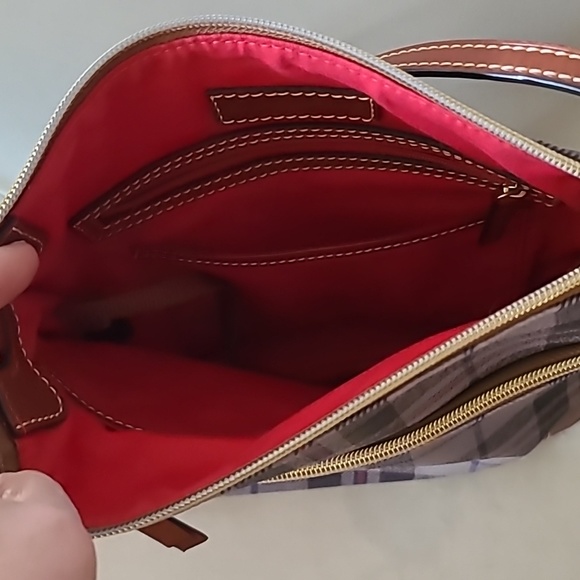 Dooney & Bourke plaid purse. Over the shoulder.  Grey and red. New. - Picture 2 of 5